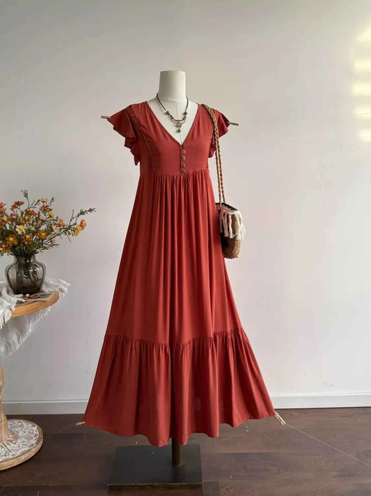 Ruffle Sleeve Maxi Dress with Button Detail
