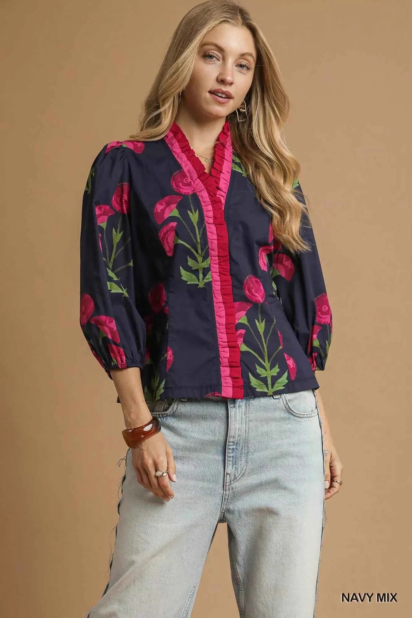 Umgee Floral Print Ruffle Trim Puff Sleeve Blouse