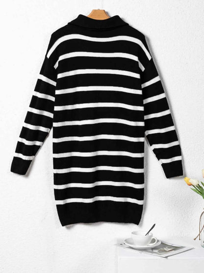 Striped O-ring Zip Collared Loose Sweater Mini Dress
