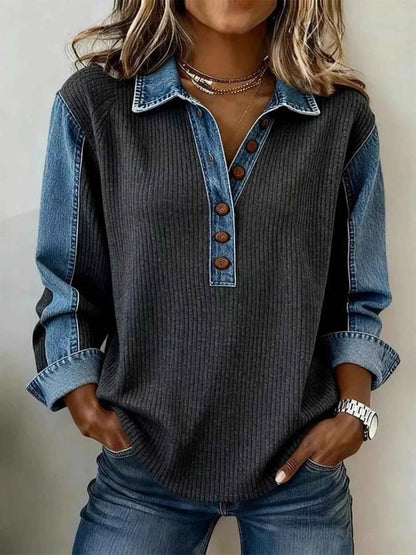Denim Trim Button Detail Sweatshirt
