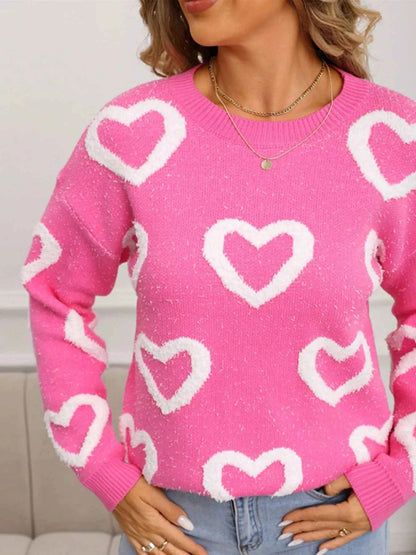 Valentine's Day Heart Pattern Round Neck Sweater