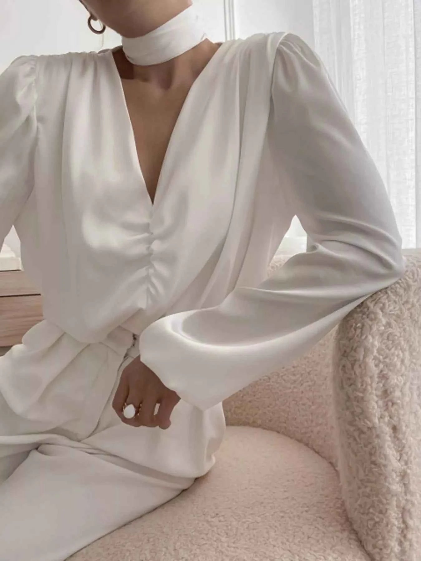 V-Neck Ruched Long Sleeve Blouse