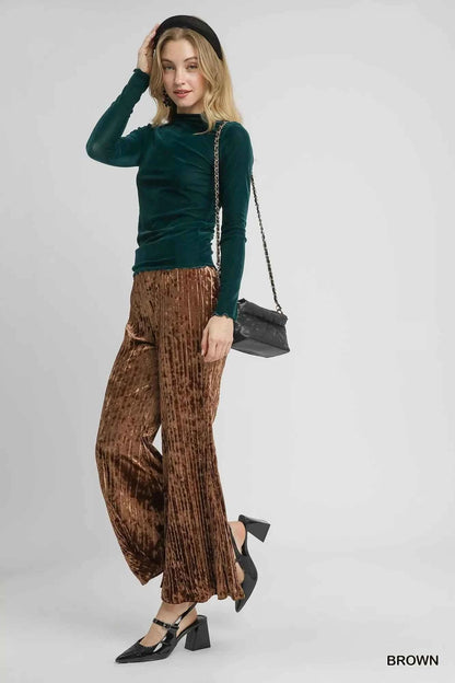 Umgee Velvet Pleated Wide Leg Pants