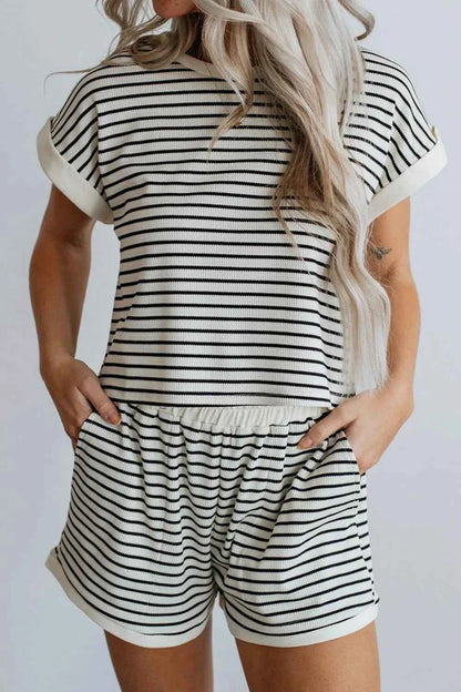 Striped Contrast Top and Shorts Set