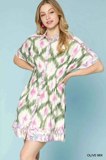 Umgee Ethnic Print Short Sleeve Mini Shirt Dress