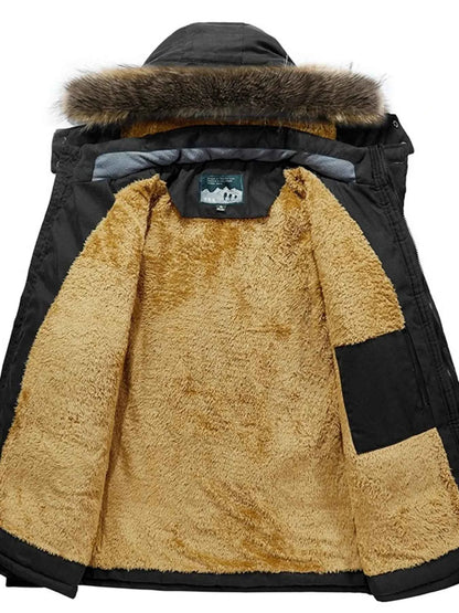 Men's Plus Size Zip Up Long Sleeve Puffer Coat with Faux Fur Hood