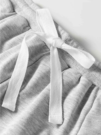 Lace Patchwork Drop Shoulder Top and Drawstring Skort 2pcs Outfit