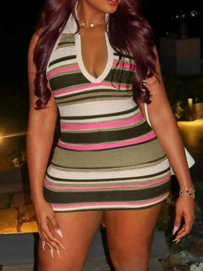 Striped Halter Neck Knit Mini Dress