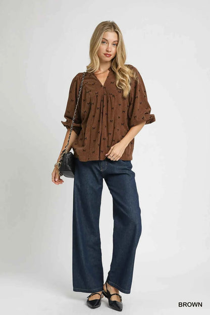 Umgee Corduroy Bow Print Balloon Sleeve Blouse