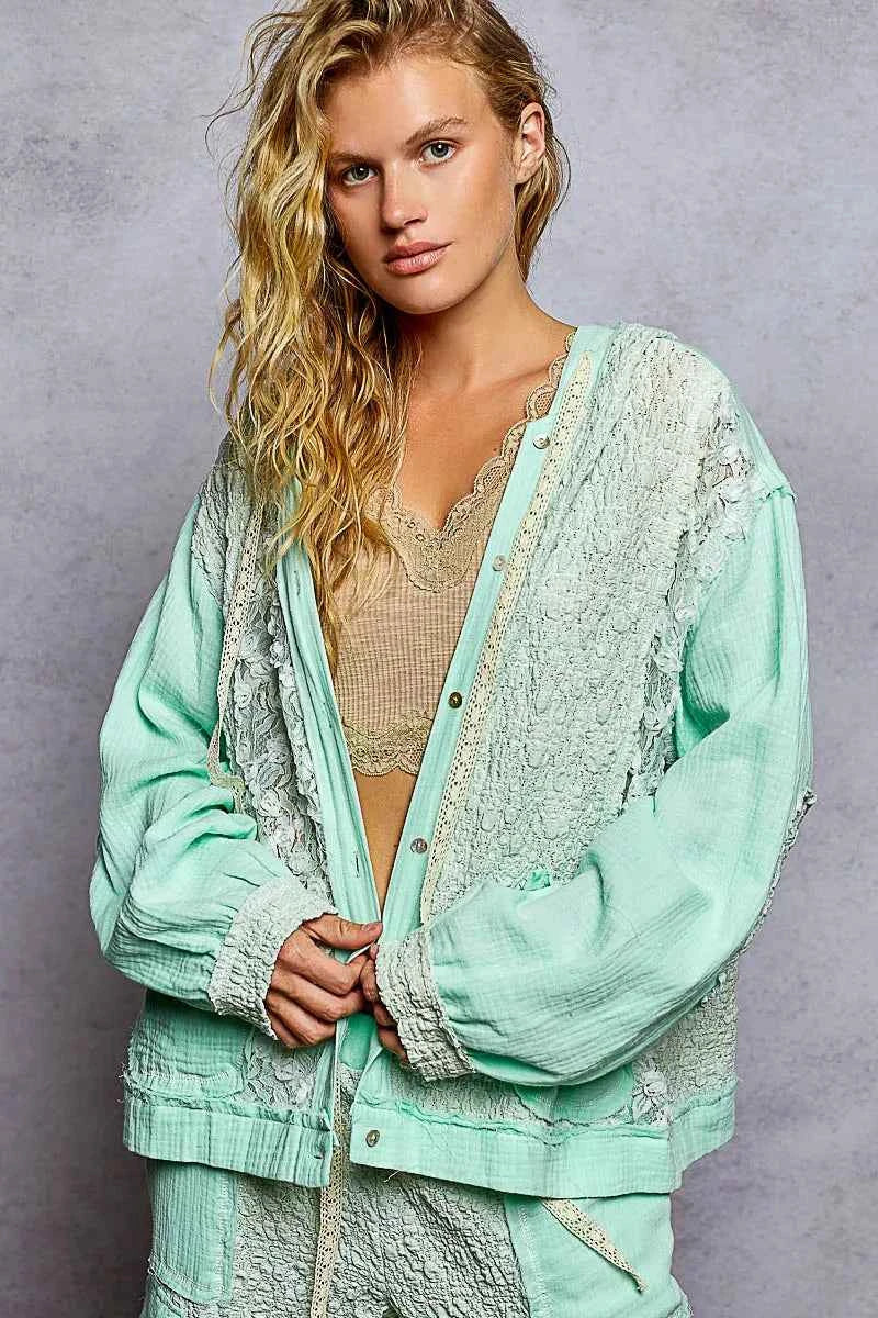 POL Exposed Seam Button Down Hooded Jacket with Lace Detail