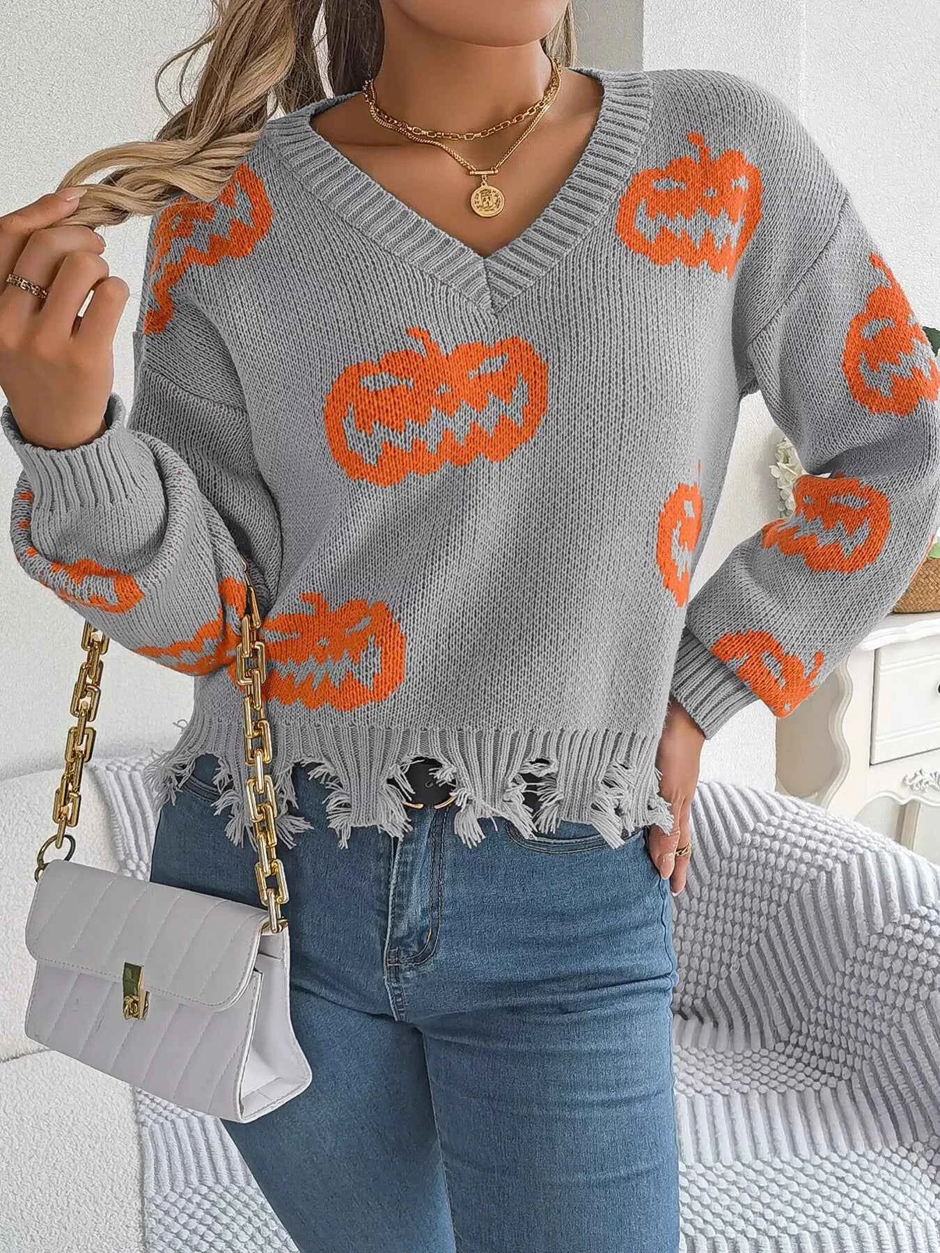 Halloween Pumpkin Pattern Raw Hem V-Neck Sweater