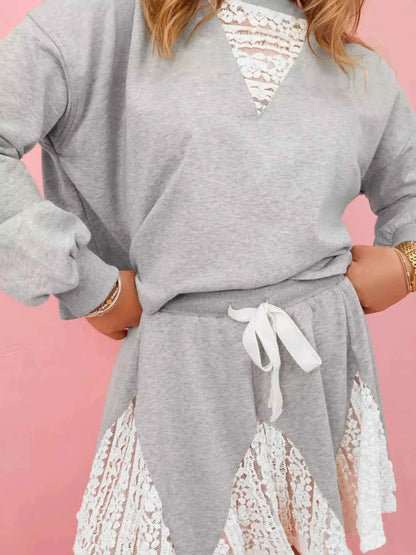 Lace Patchwork Drop Shoulder Top and Drawstring Skort 2pcs Outfit