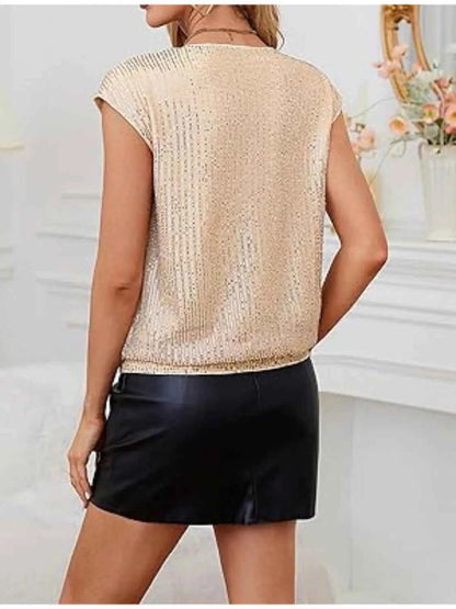 V-Neck Sequin Cap Sleeve Top