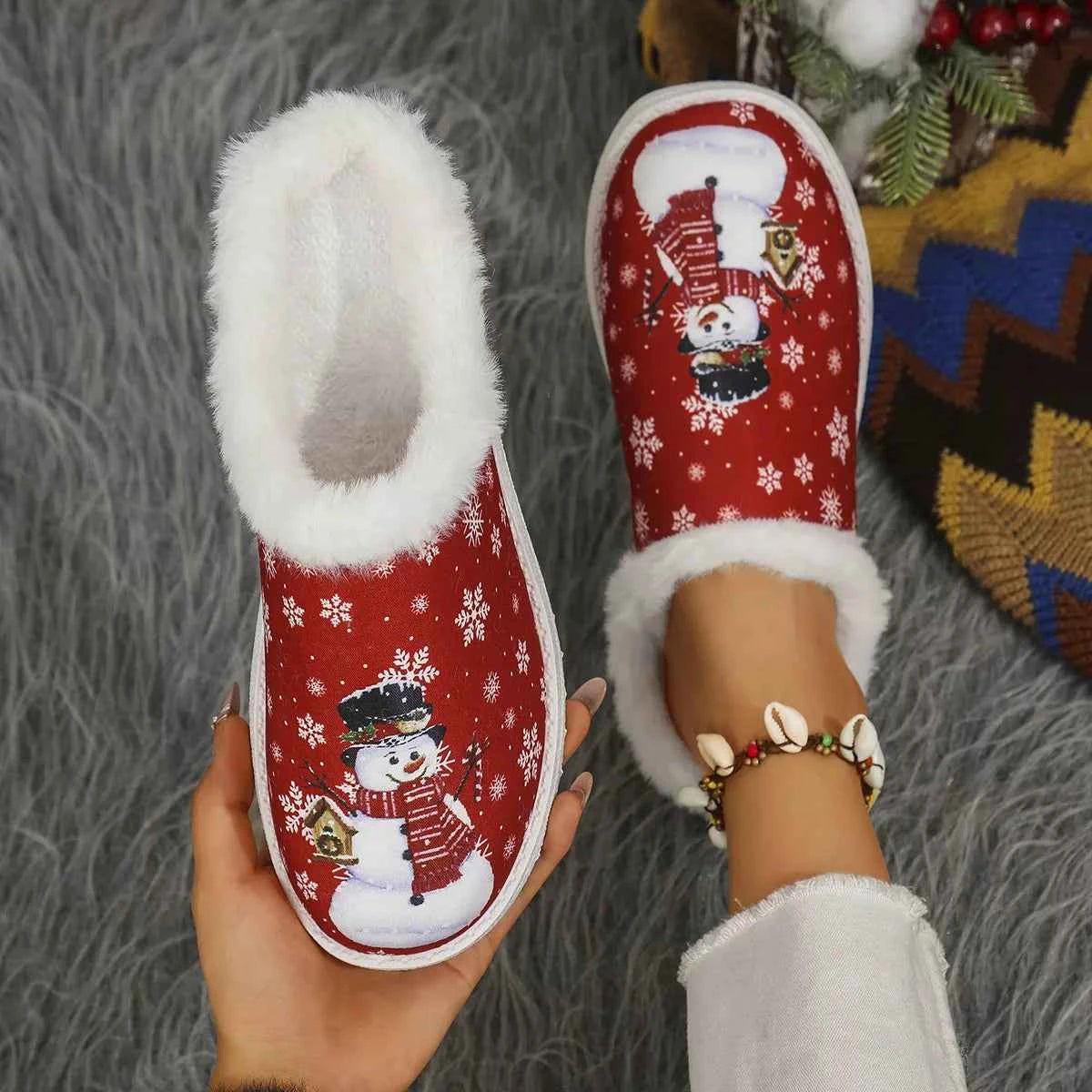 Christmas Snowman Plush Lined Slippers