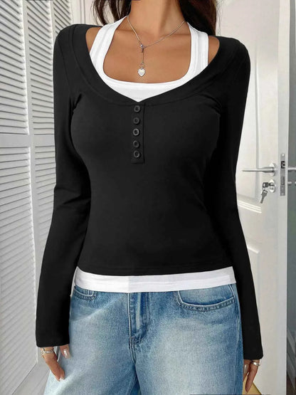 Scoop Neck Long Sleeve Fake Two-Piece T-Shirt
