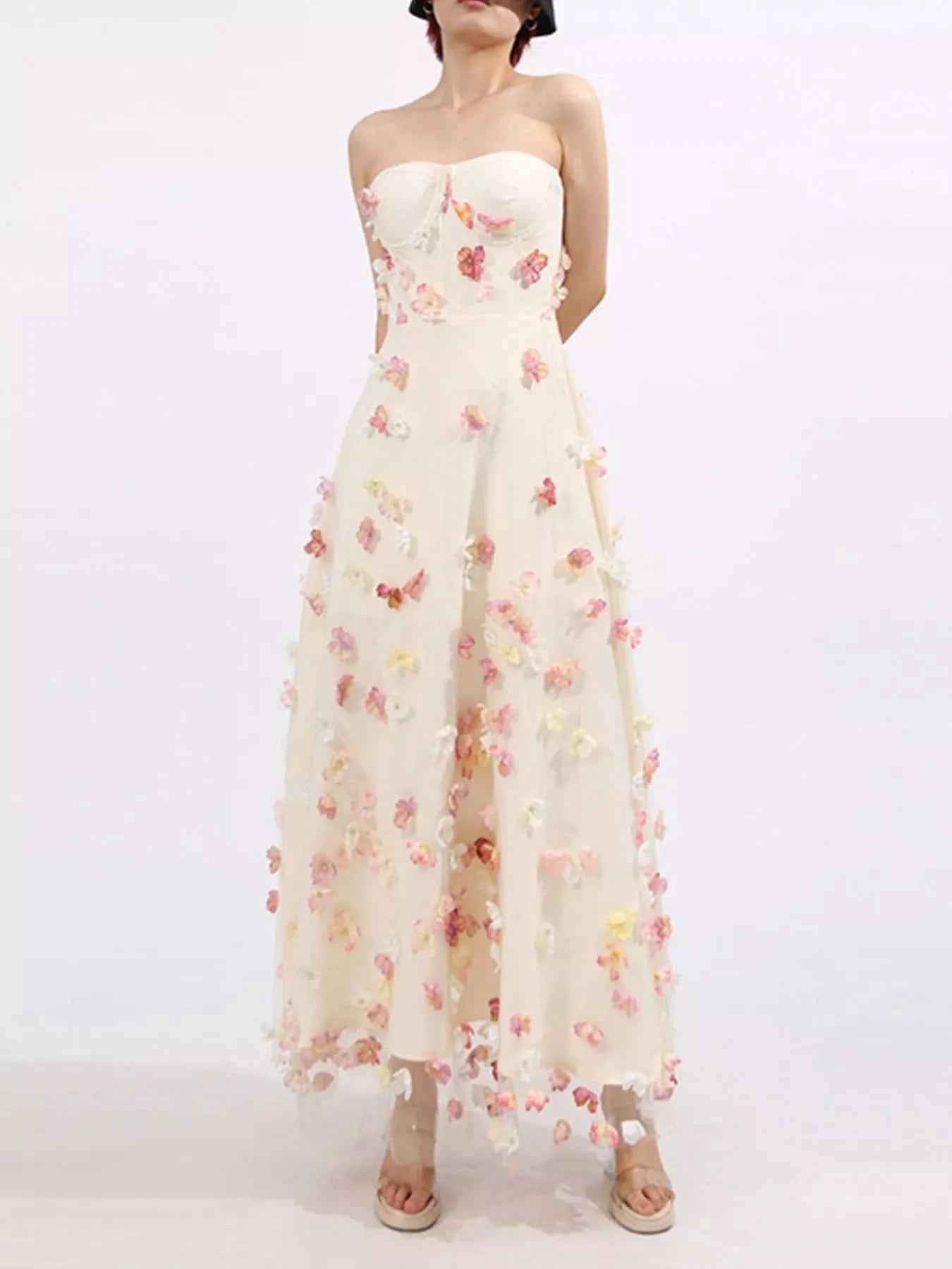 Floral Applique Strapless Tulle Maxi Dress