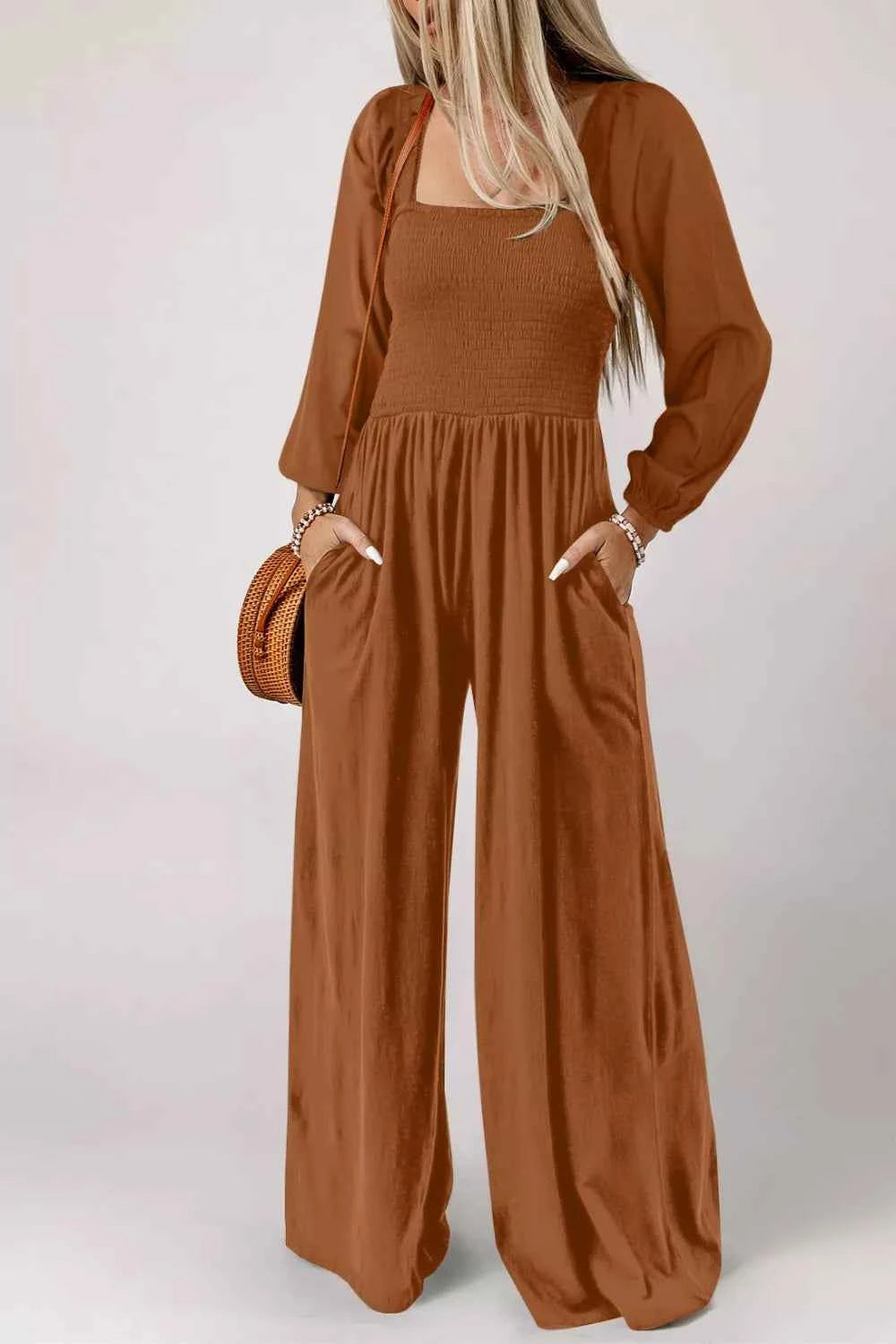 Boho Smocked Square Neck Wide Leg Jumpsuit