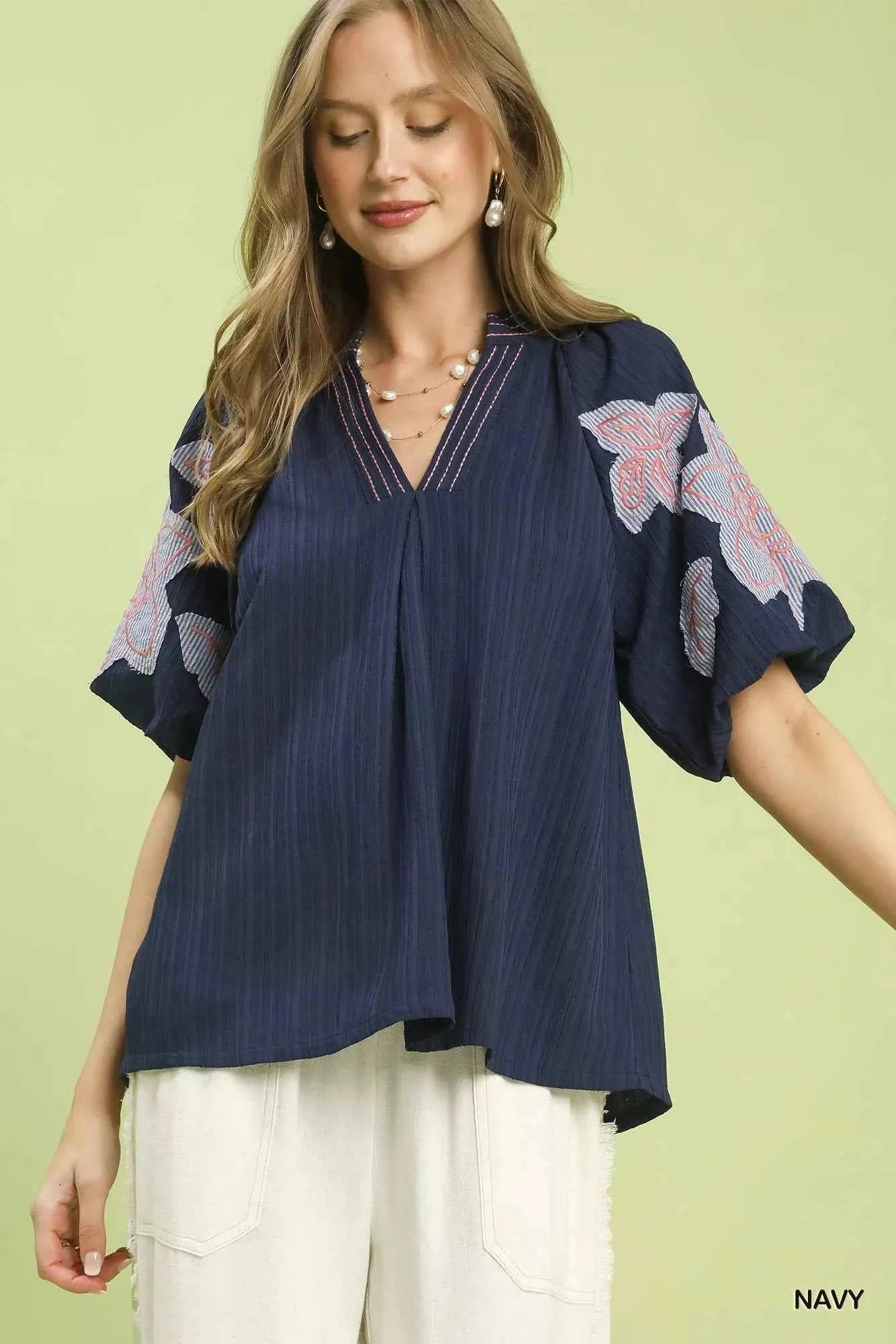 Umgee Embroidered Balloon Sleeve Notch Neck Blouse