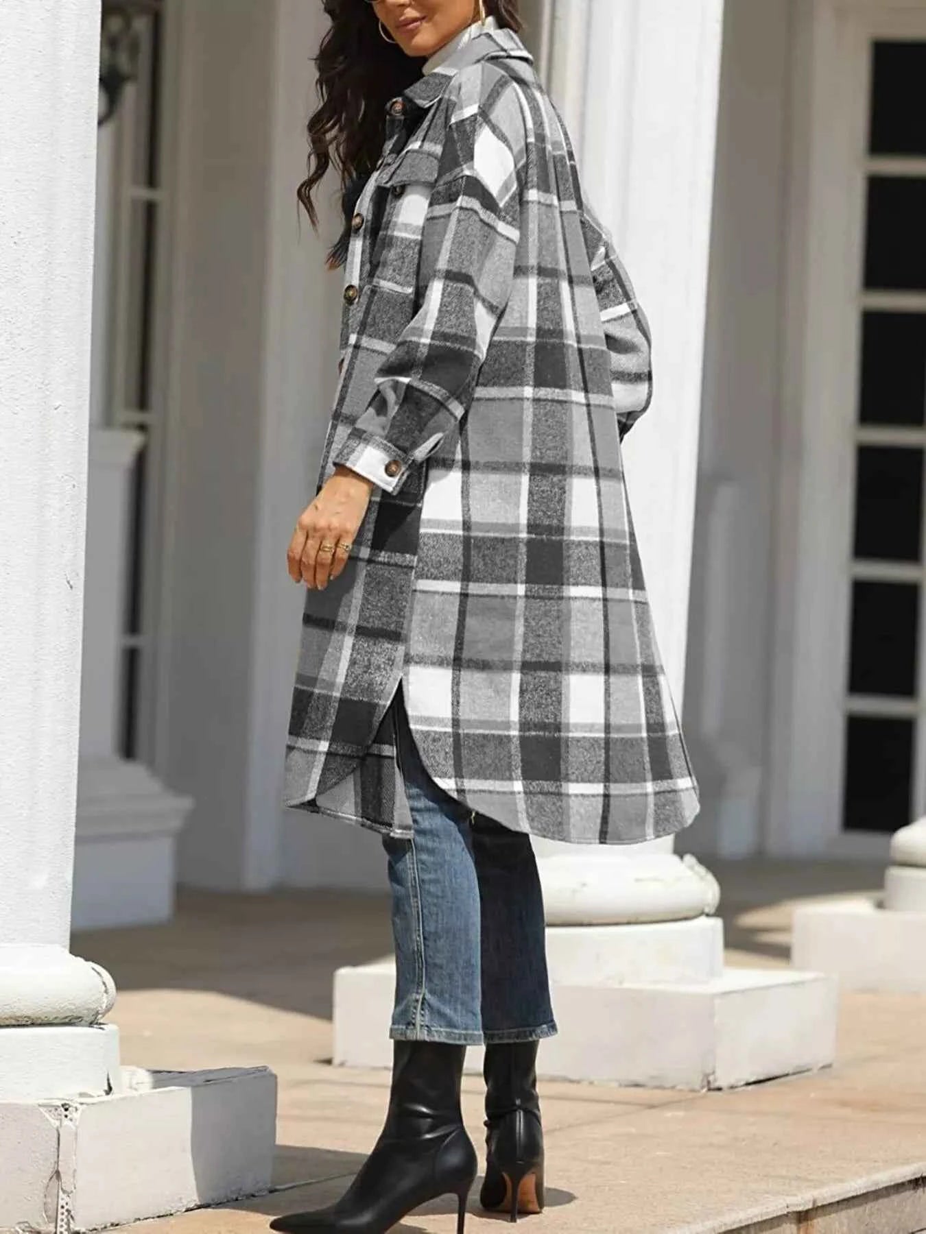 Longline Plaid Button-Up Coat