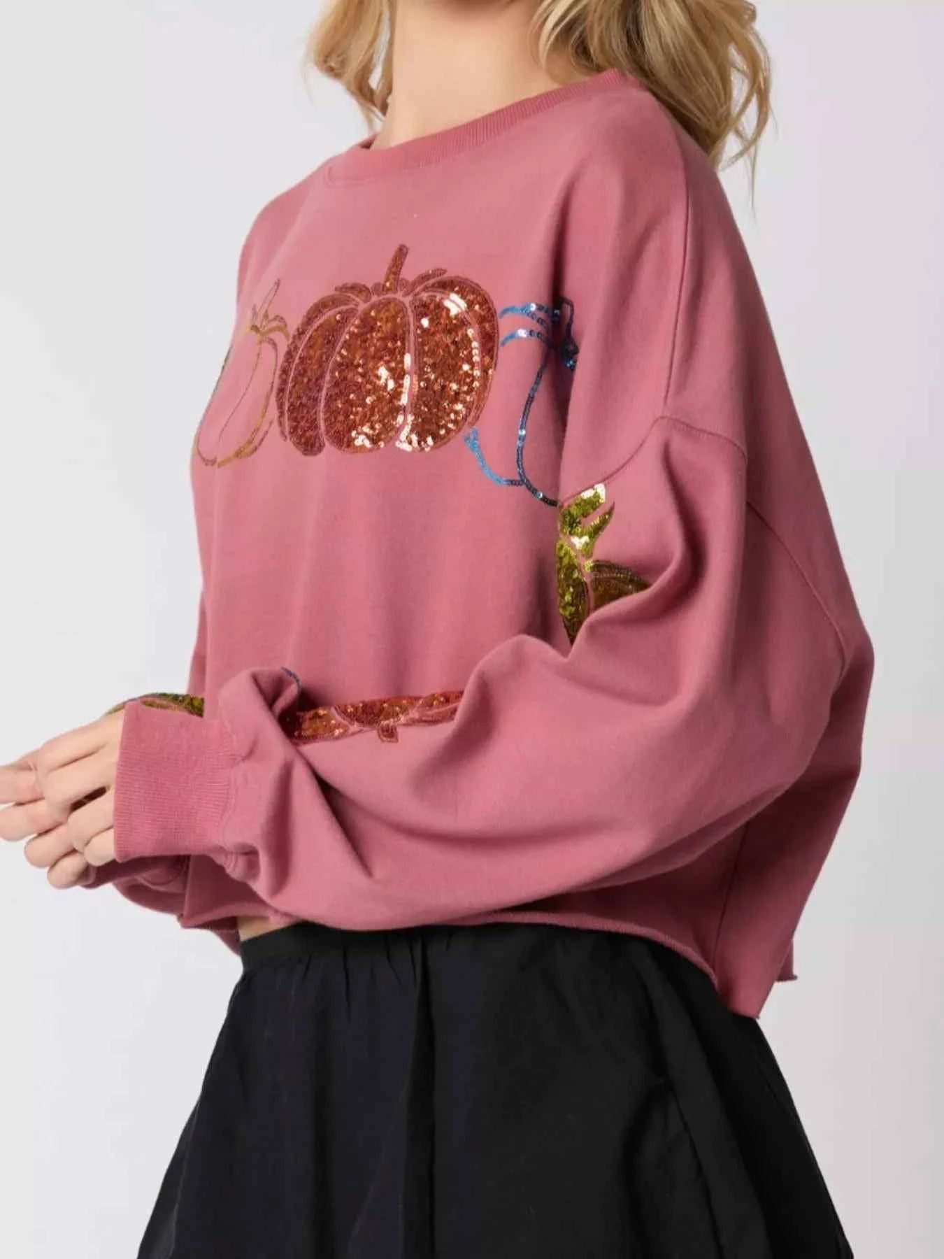 Sequined Pumpkin Halloween Crop Sweatshirt