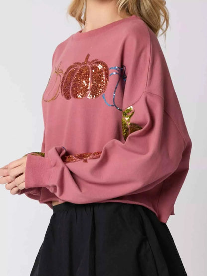 Sequined Pumpkin Halloween Crop Sweatshirt