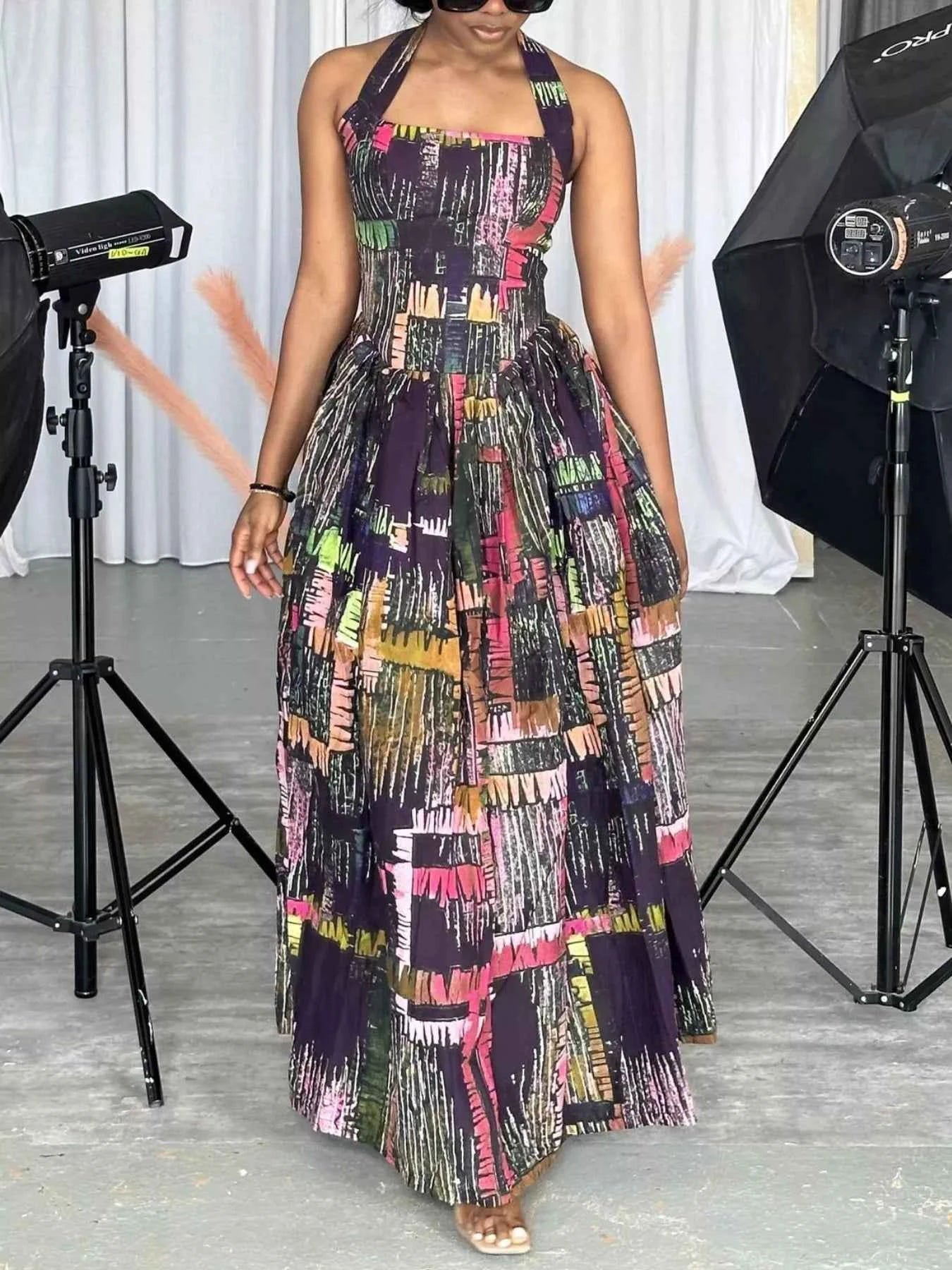 Full Size Abstract Print Halter Neck Maxi Dress Plus Size
