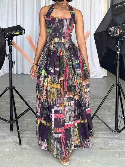 Full Size Abstract Print Halter Neck Maxi Dress Plus Size