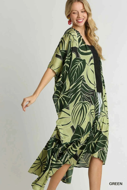 Umgee Satin Tropical Plant Print Open Front Kimono with Ruffle Details
