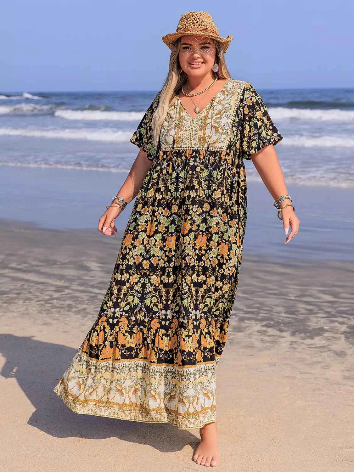 Plus Size Bohemian Floral Tiered Maxi Dress