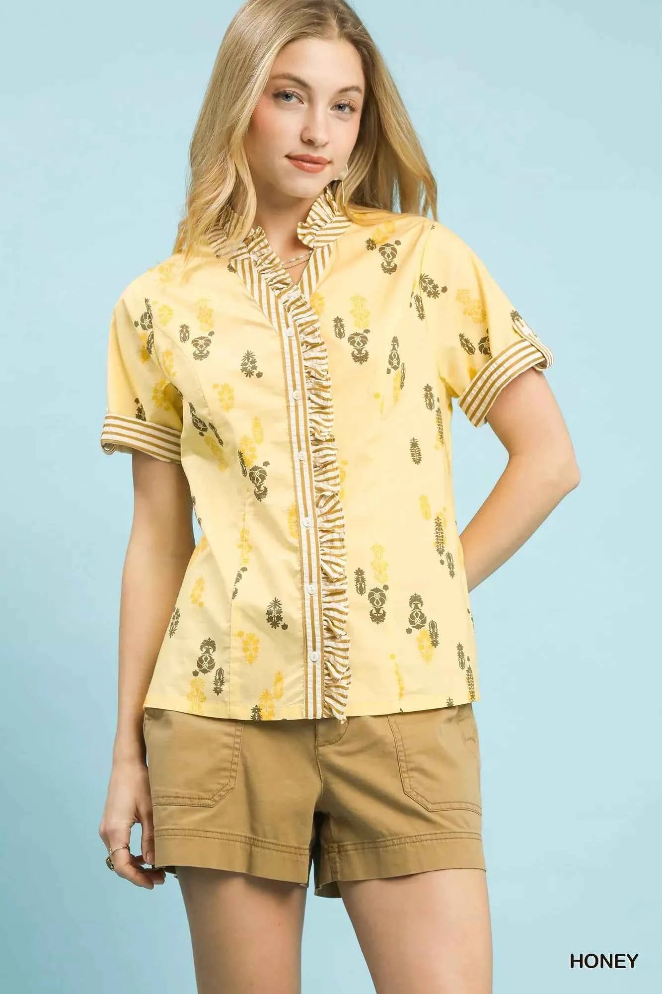 Umgee Printed Ruffle Trim Button Front Blouse