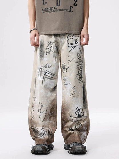 Men's Graffiti Print Wide Leg Jeans