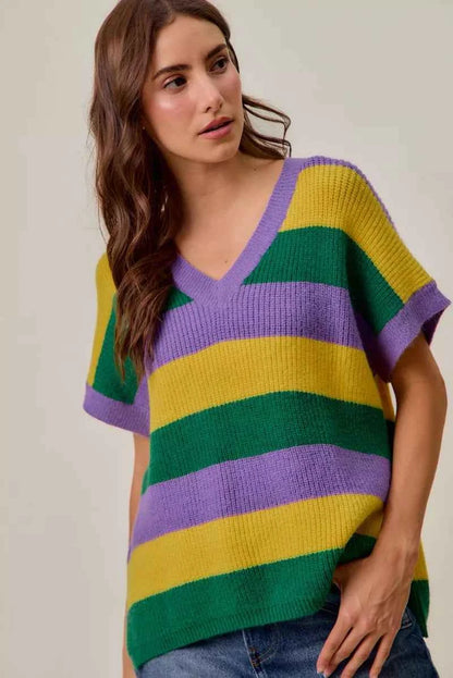 SO ME Mardi Gras Loose Fit V Neck Stripe Sweater Top