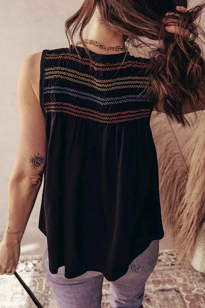 Boho Embroidered Sleeveless V-Neck Blouse