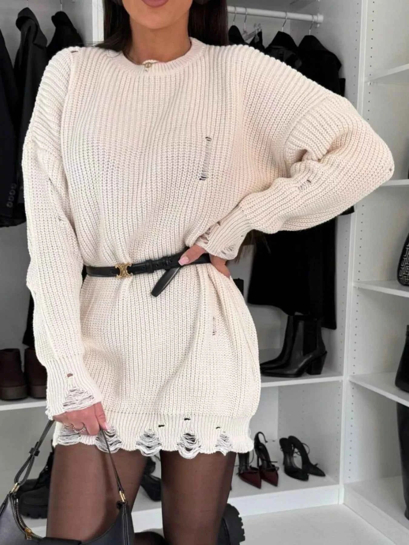 Distressed Round Neck Drop Shoulder Sweater Dress