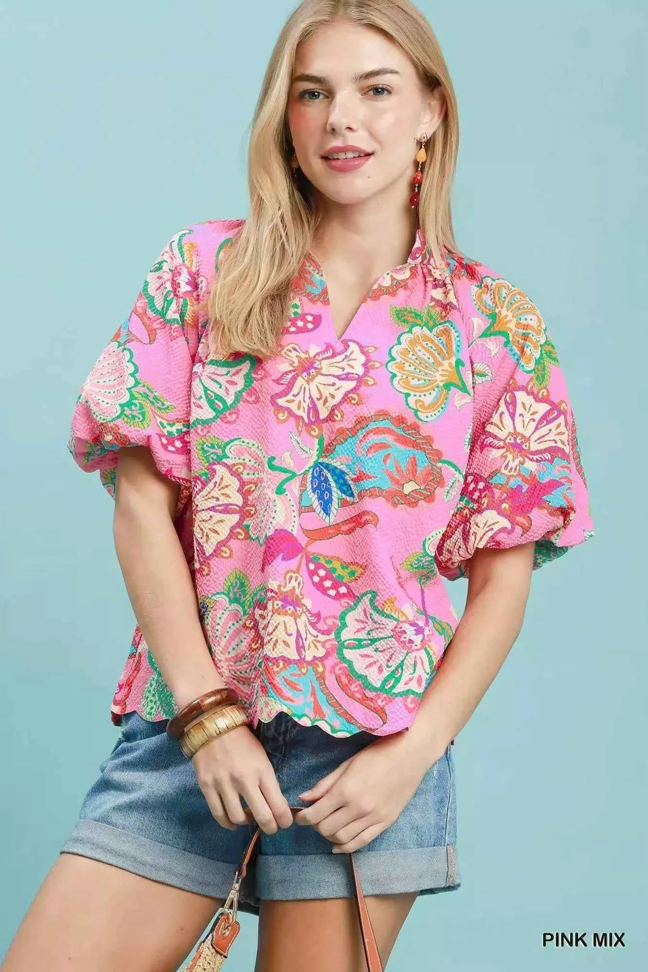 Umgee Mix Floral Print Scallop Hem Blouse