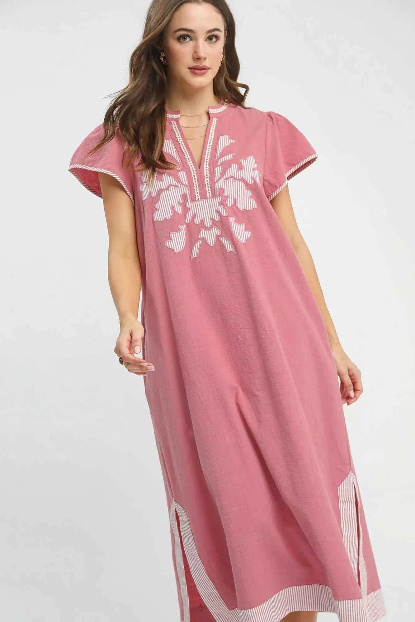 Umgee Embroidered Floral Short Sleeve Midi Dress with Contrast Trim