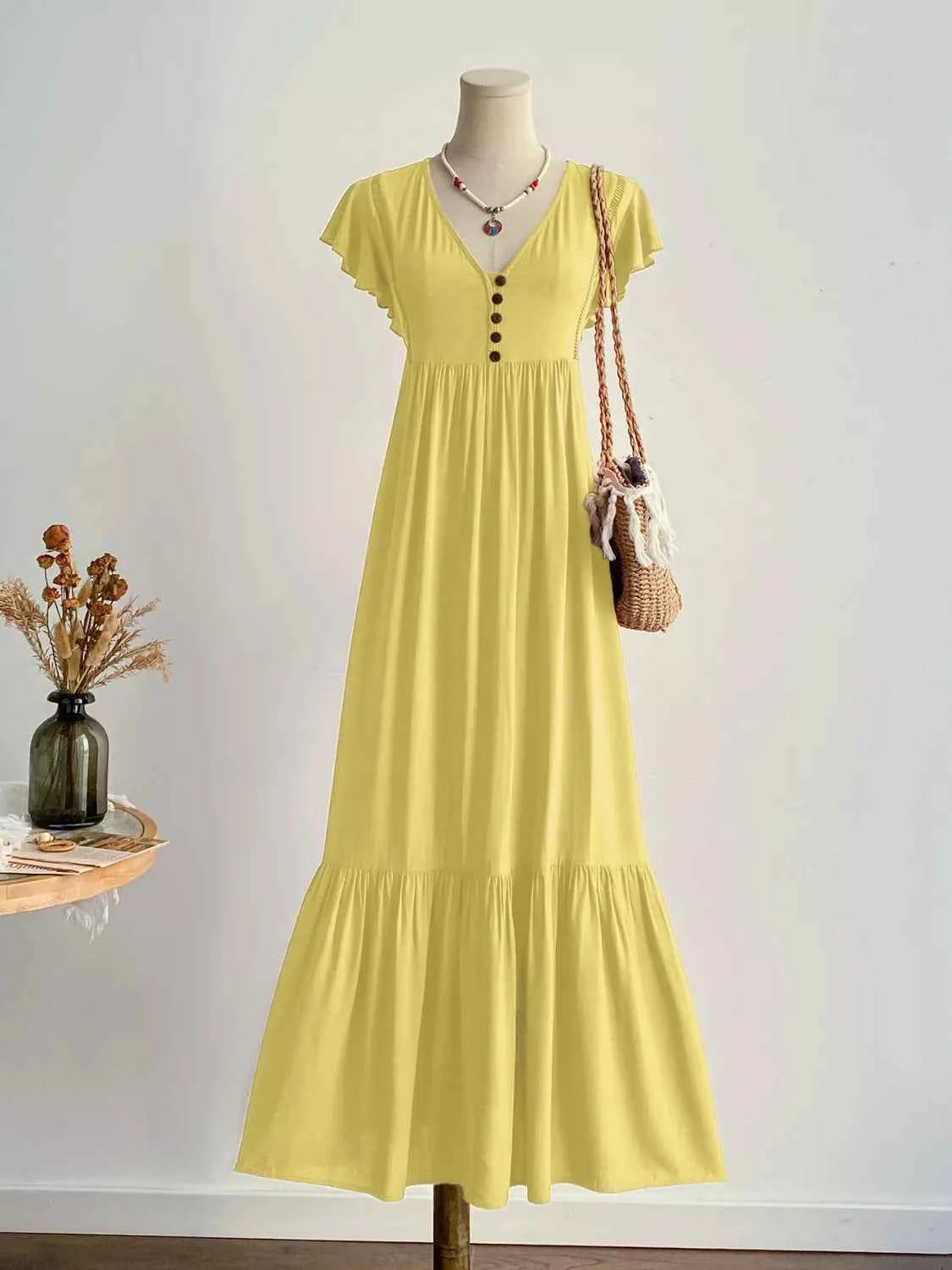 Flutter Sleeve Button Front Maxi Dress