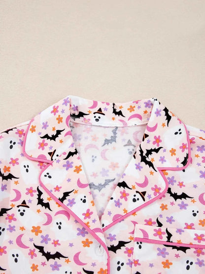 Halloween Ghost Print Button Up Top and Pants Lounge Set