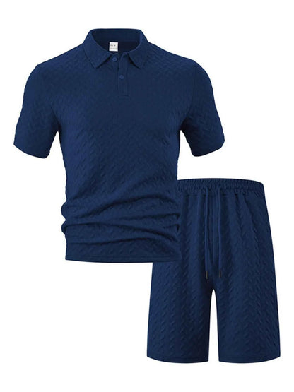 Men's Full Size Textured Polo Shirt and Shorts Set Plus Size