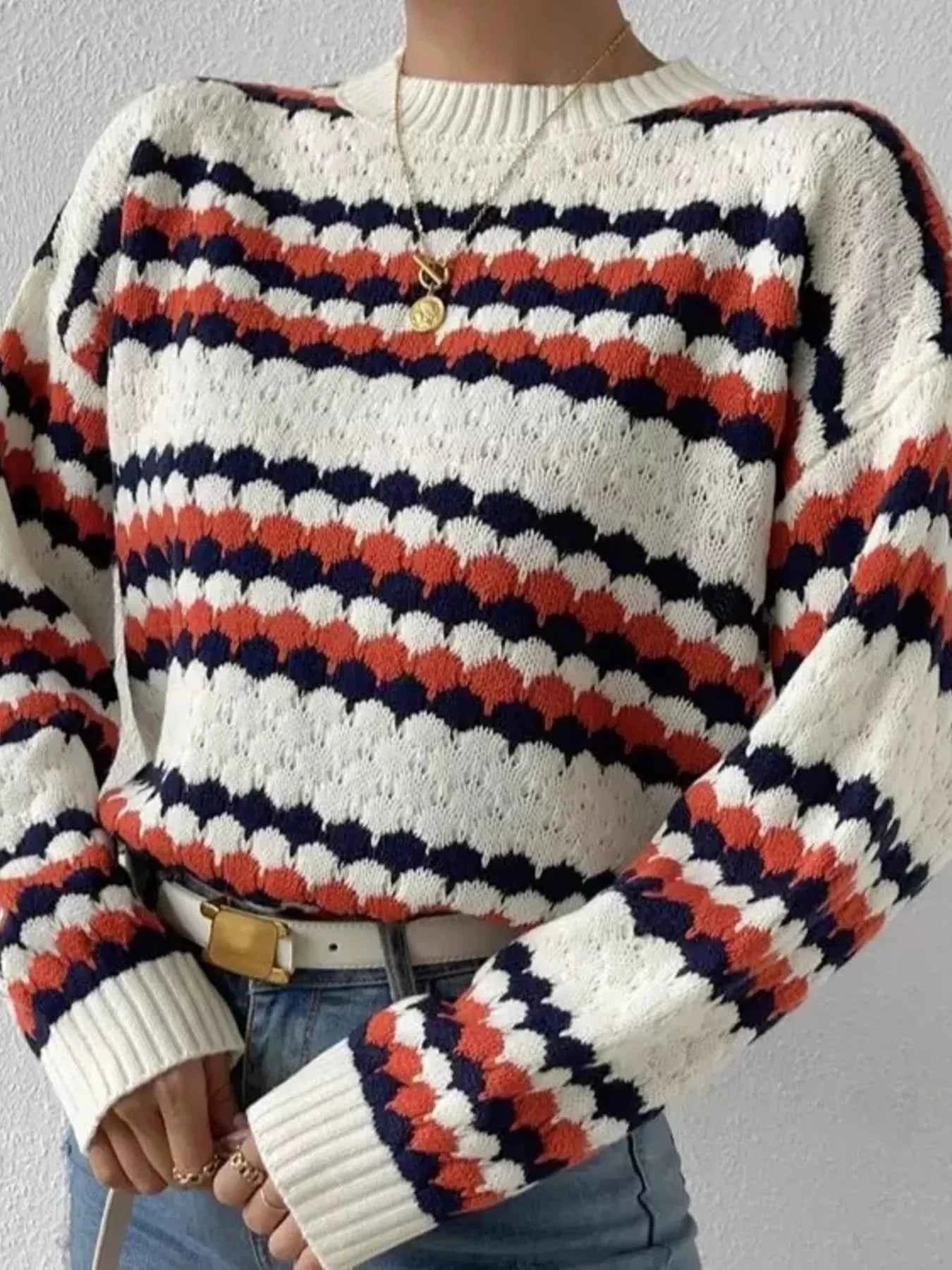 Striped Pattern Round Neck Sweater