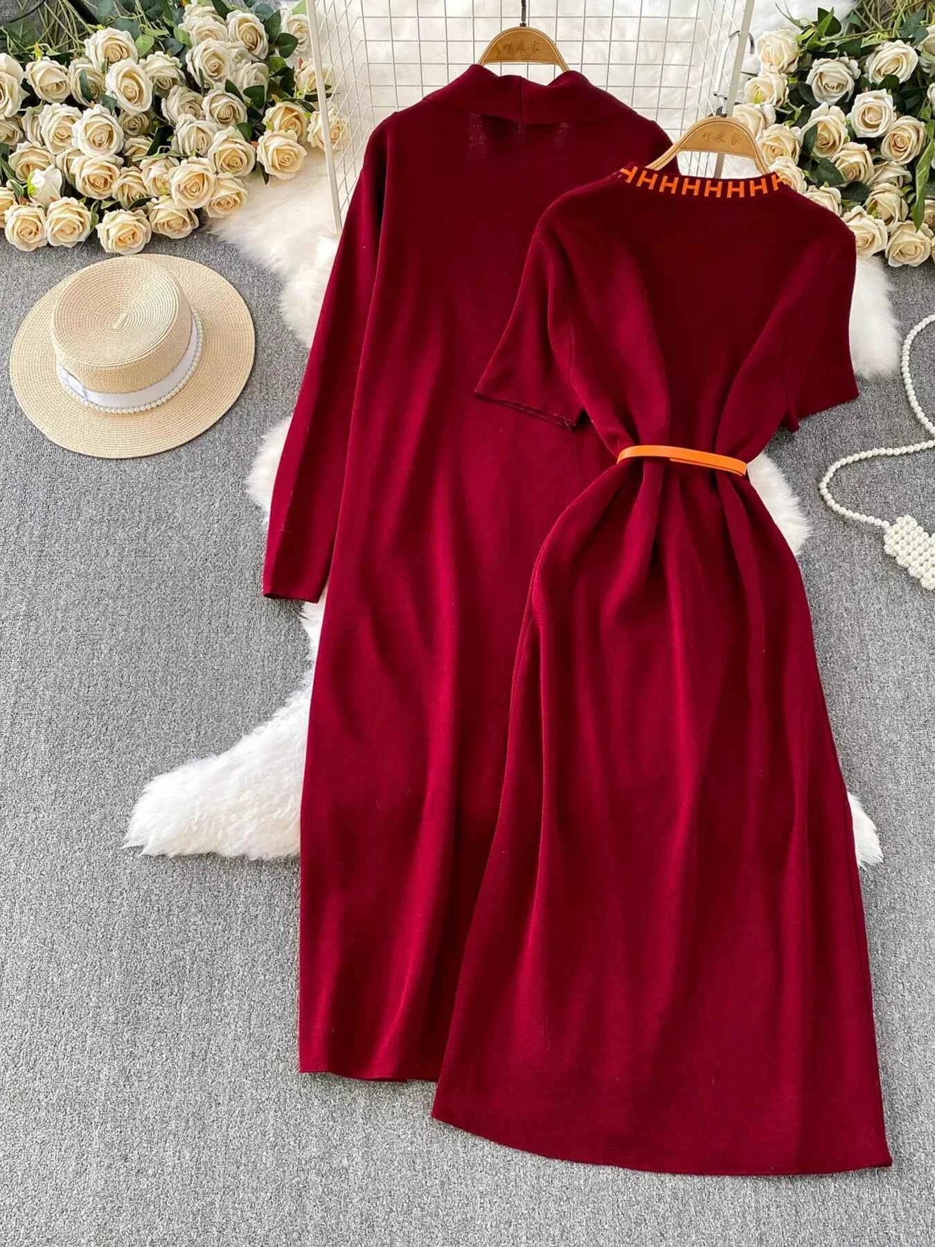 Round Neck Knitted Dress & Cardigan Set