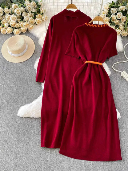 Round Neck Knitted Dress & Cardigan Set