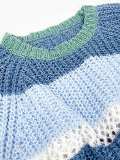 Openwork Striped Color Block Crop Sweater