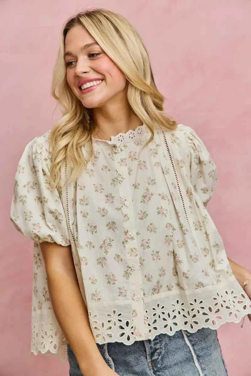 SO ME Floral Print Lace Trim Short Sleeves Blouse