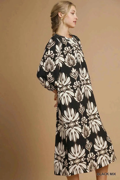 Umgee Mix Abstract Floral Print Midi Dress