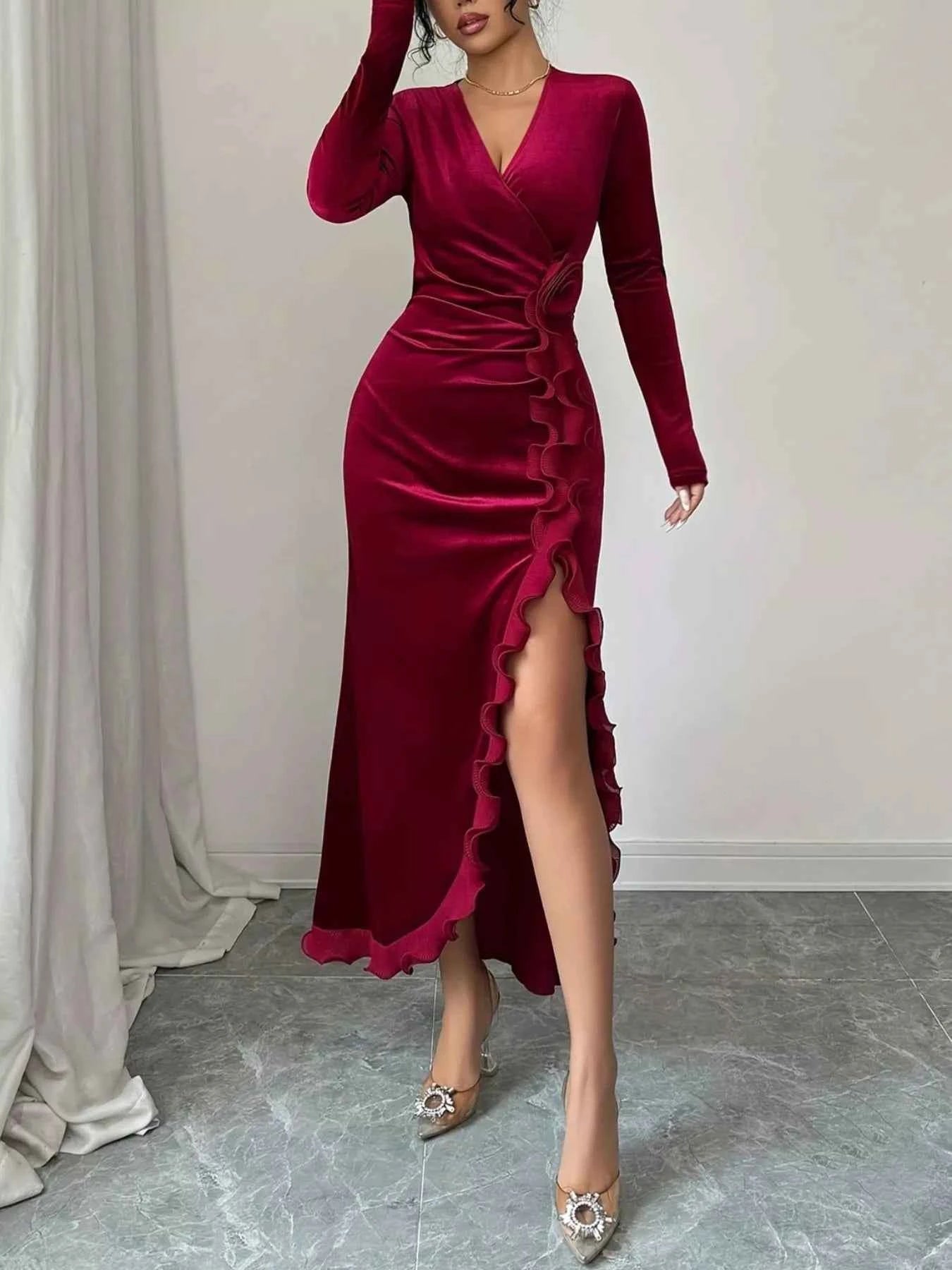 Ruffled Surplice long Sleeve Dress