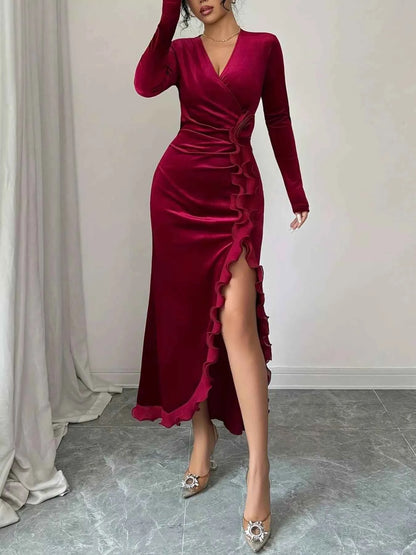 Ruffled Surplice long Sleeve Dress
