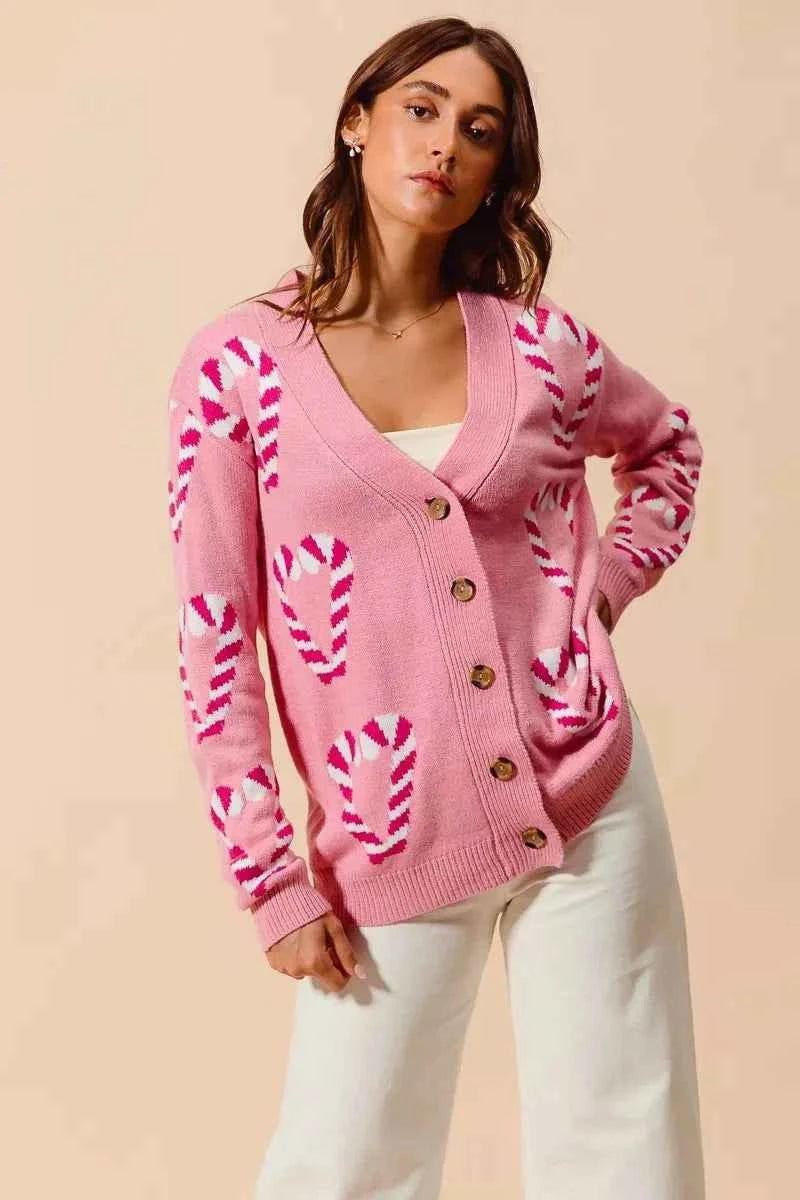 SO ME Christmas Candy Cane Button Front Sweater Cardigan