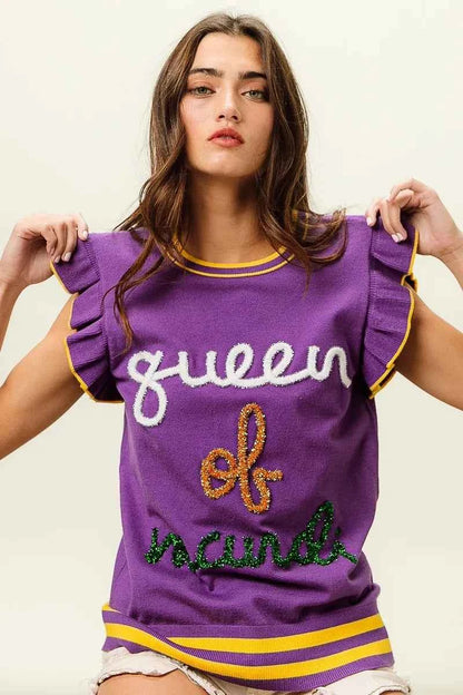 BiBi Queen Of Mardi Ruffled Armhole Sleeveless Knit Top