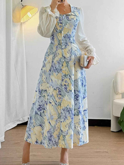 Floral Print Sheer Flounce Sleeves Dress